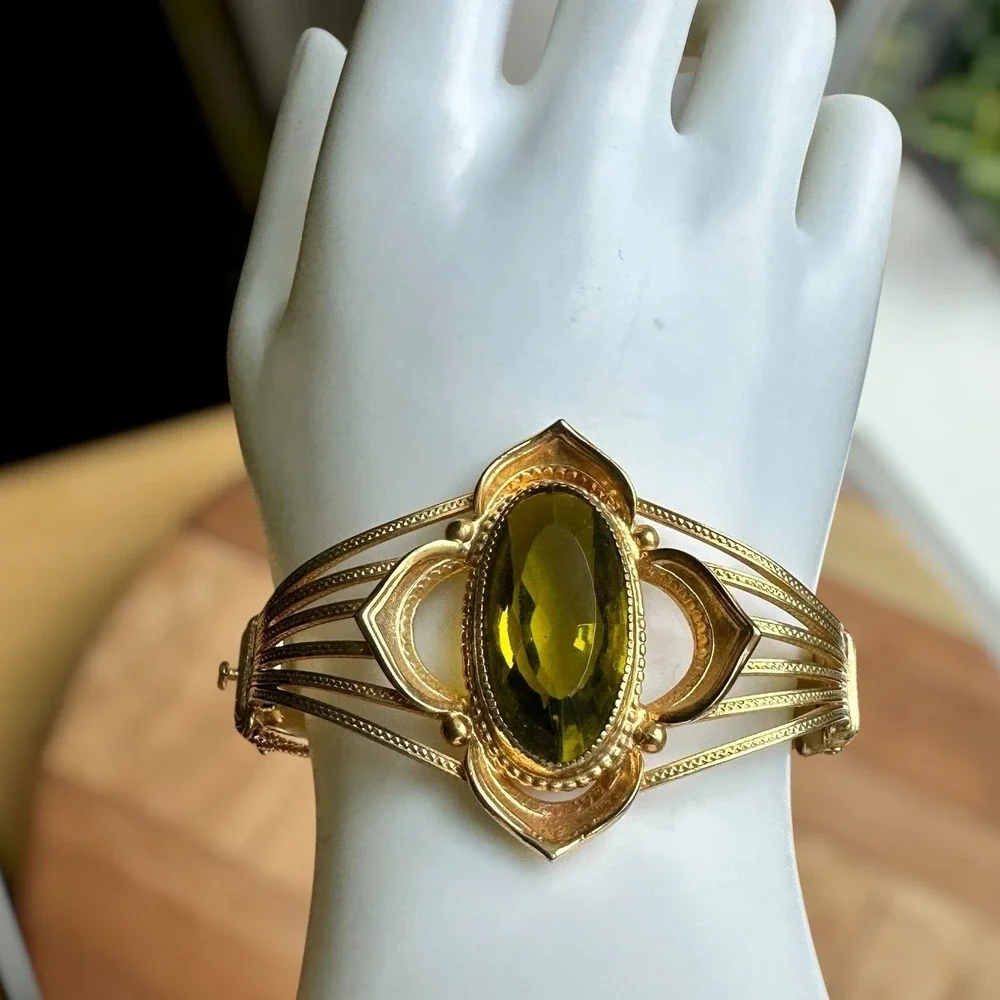 VTG Art Deco‎ Whiting Davis Bracelet 6 Inch Signed Green Glass Gold Plated Rare